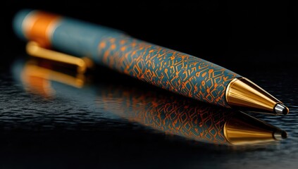 Teal pen with gold accents and orange abstract pattern