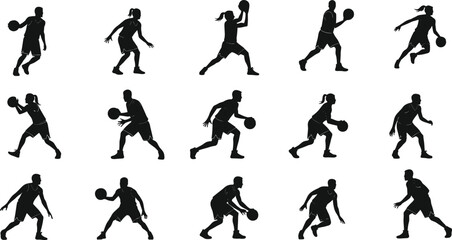 Silhouettes of male and female basketball players dribbling, shooting, passing ball, sport action poses, dynamic athletic vector design for game