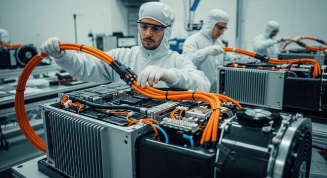 Electric aircraft manufacturing facility showing integration of highvoltage cable harnesses into battery and motor modules under controlled lighting. - Powered by Adobe