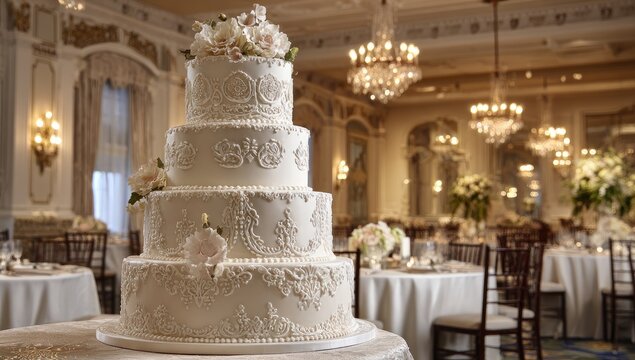 Elegant four-tiered wedding cake with delicate lace detailing and rose adornments, displayed in a grand ballroom setting
