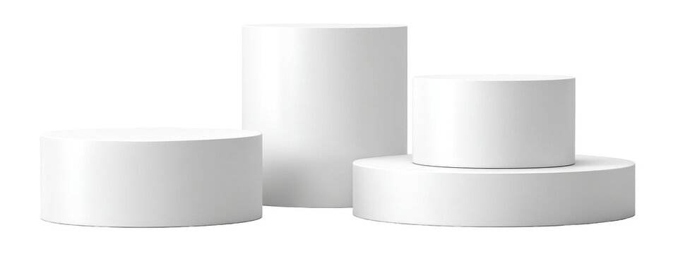 Three stacked white cylindrical display risers