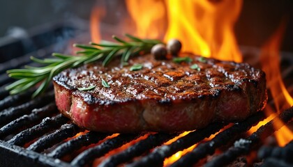 Juicy ribeye steak sears on hot grill, bright flames licking charred grates. Rosemary sprigs garnish rich marbled beef. Dark slate background, close-up food photography of gourmet meal.
