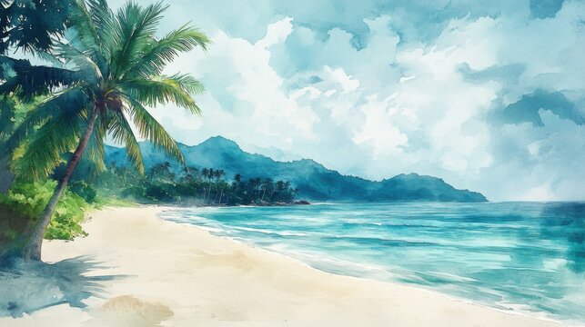 Peaceful tropical beach scene with palm trees white sandy shoreline gentle ocean waves distant mountains under cloudy sky watercolor painting