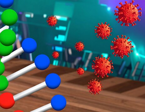 Visual representation of virus particles and DNA molecules, highlighting the complexities of - Powered by Adobe
