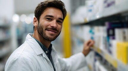 Obraz premium Phar ist organizing medicine shelves in a well lit retail phar y