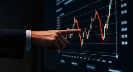 hand tracking the ups and downs of a candlestick stock chart.