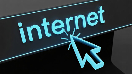 Clicking the internet button, conceptualizing digital access and online connection with glowing blue text