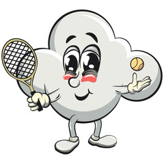 cute cloud cartoon mascot character vector illustration playing tennis, work of hand drawn