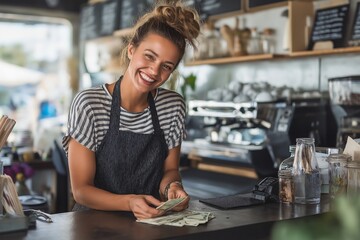 Cheerful small business owner counts cash at cafe counter, wearing striped shirt and apron. cozy cafe setting includes coffee machine and jars, creating welcoming atmosphere