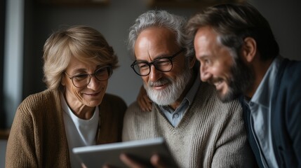 Warm lifestyle photograph of elderly couple and middle aged man joyfully looking at tablet together, showcasing family bonding and technology use