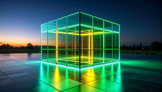 Glowing Glass Cube at Sunset An Illuminated Architectural Installation Displaying Contemporary Art in Vivid Green and Yellow Against a Colorful Sky