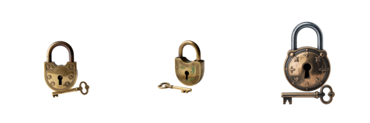 Antique brass padlock and key isolated on a transparent background