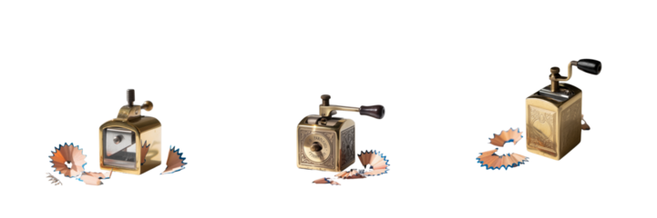 Antique brass pencil sharpener with shavings isolated on a transparent background