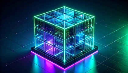 Abstract futuristic concept of a glowing neon quantum computer cube processing big data. Digital technology backdrop with a server rack core for blockchain and artificial intelligence innovation.