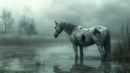 Decaying Horse in a Misty Swamp: A Surreal Digital Painting