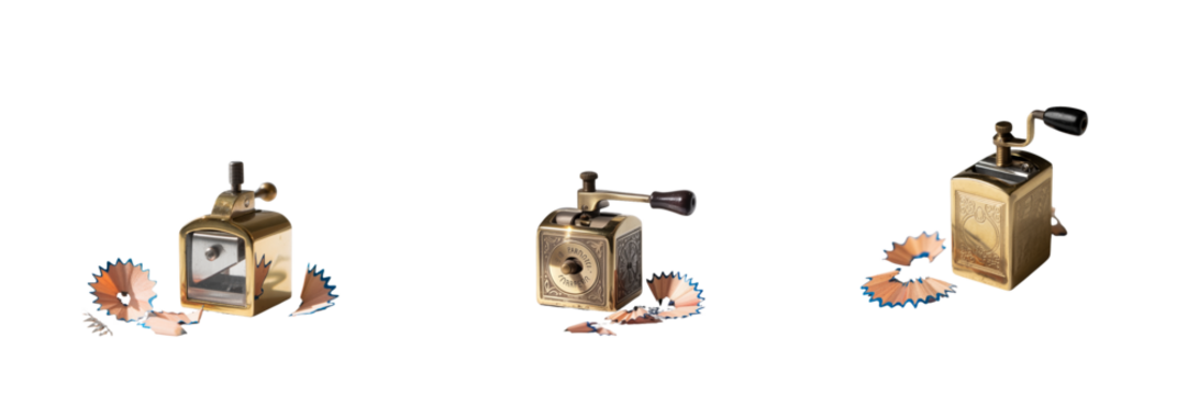 Antique brass pencil sharpener with shavings isolated on a transparent background