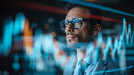 Focused investment banker analyzes market trends on digital screen, reflecting graphs and data in modern office setting. atmosphere is dynamic and professional