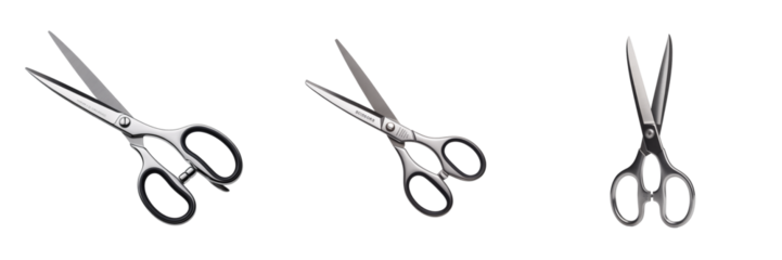 Silver scissors with black handles isolated on a transparent background