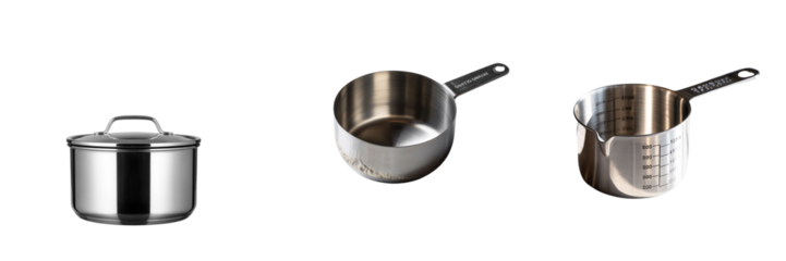 Stainless steel cooking pot and measuring cups isolated on a transparent background