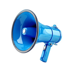 A bright blue megaphone, a portable device for amplifying sound, isolated on a transparent background, symbolizing communication and public address