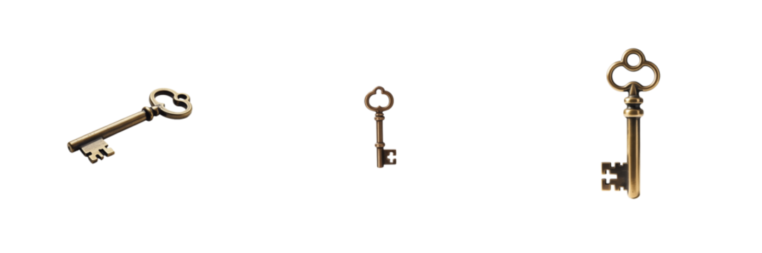 Three antique brass skeleton keys isolated on a transparent background