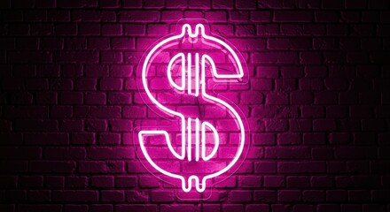 Vibrant pink neon dollar sign illuminates a dark brick wall creating a bold statement of wealth and finance