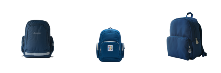 Three blue backpacks with zippers isolated on a transparent background