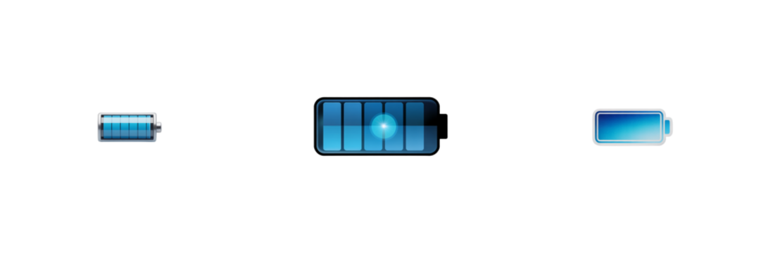 Three blue battery level indicators isolated on a transparent background