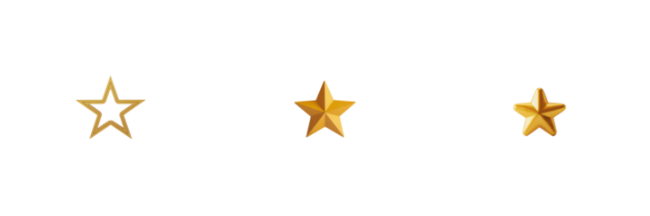 Three golden stars in a row isolated on a transparent background