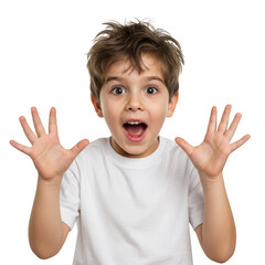 Excited boy with hands raised in surprise isolated on transparent background