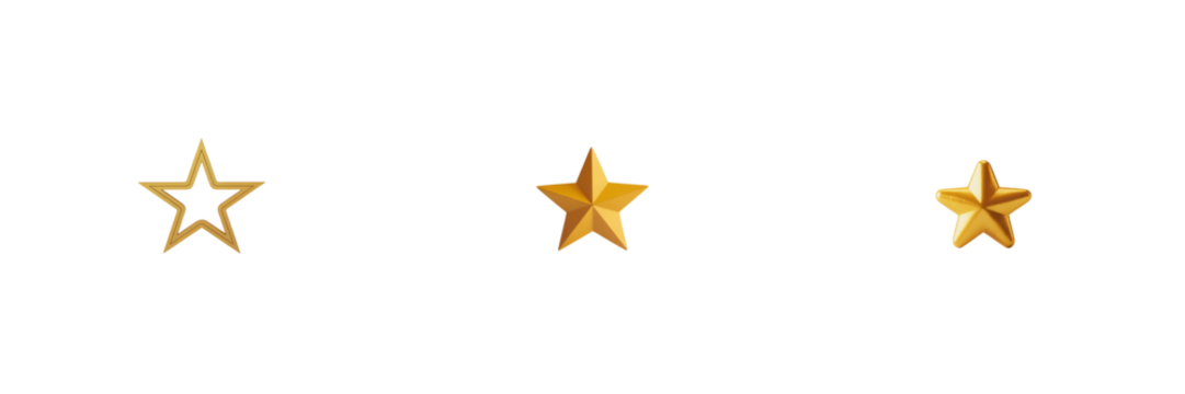 Three golden stars in a row isolated on a transparent background