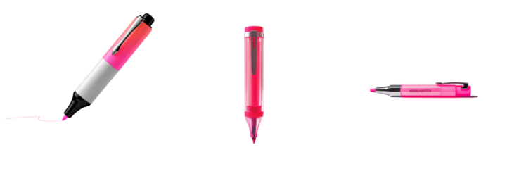 Three pink highlighters and marker isolated on a transparent background