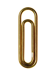 Gold paperclip, vertically oriented, detailed view