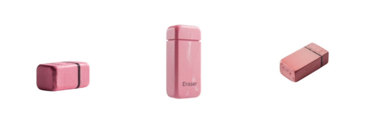 Three pink erasers in different shapes isolated on a transparent background