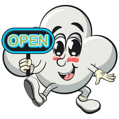 Obraz premium cute cloud cartoon mascot character vector illustration showing a sign that says open, work of hand drawn