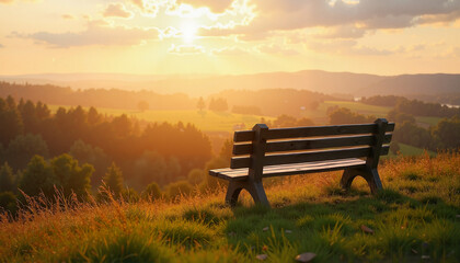 Wooden bench overlooking valley at sunset with golden sunlight  