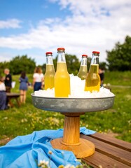 Iced drinks on a platter outdoors