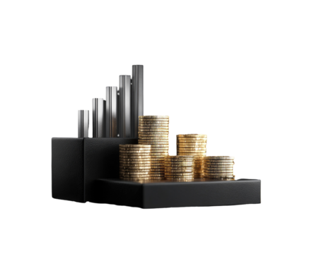 Stacked coins form a rising chart against a dark background