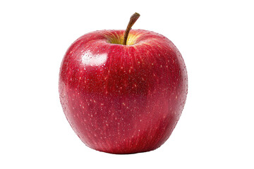 A single, vibrant red apple, whole and isolated against a black background.  The apple appears fresh, with a glossy sheen and subtle, slightly speckled red coloring. A stem is visible at the top