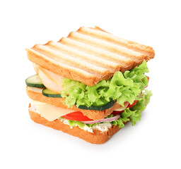 Yummy sandwich with ham, cheese and vegetables isolated on white