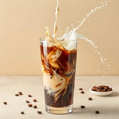Iced latte splash creating cool refreshment, ideal for summer cafe menus and drink promotions, served in tall glass with coffee beans, perfect for a coffee break