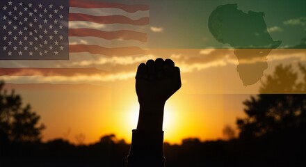 Raised fist in front of sunset with US and African flags background  