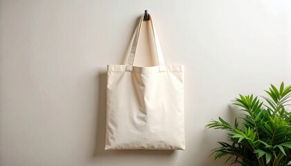 Eco-Friendly Tote Bag: A pristine, eco-friendly tote bag hangs against a minimalist backdrop, alongside vibrant green plant, symbolizing sustainability and conscious consumerism.