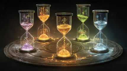 Five glowing hourglasses in a circle, each filled with unique vitality symbols.