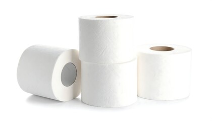 Three rolls of white toilet paper stacked on a white background