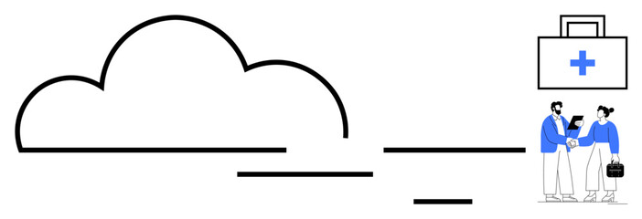 Cloud outline with horizontal lines, medical briefcase, two people discussing healthcare tools. Ideal for medicine, digital transformation, teamwork, innovation, healthcare access, networking simple