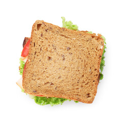 Tasty sandwich with ham and vegetables isolated on white, top view
