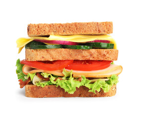 Tasty sandwich with ham, bacon, cheese and vegetables isolated on white