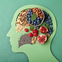 Boost brainpower with healthy superfoods! Visualize vibrant memory and focus with this fruit, nut and seed arrangement, perfect for wellness and nutrition campaigns