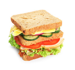 Tasty sandwich with ham, bacon, cheese and vegetables isolated on white